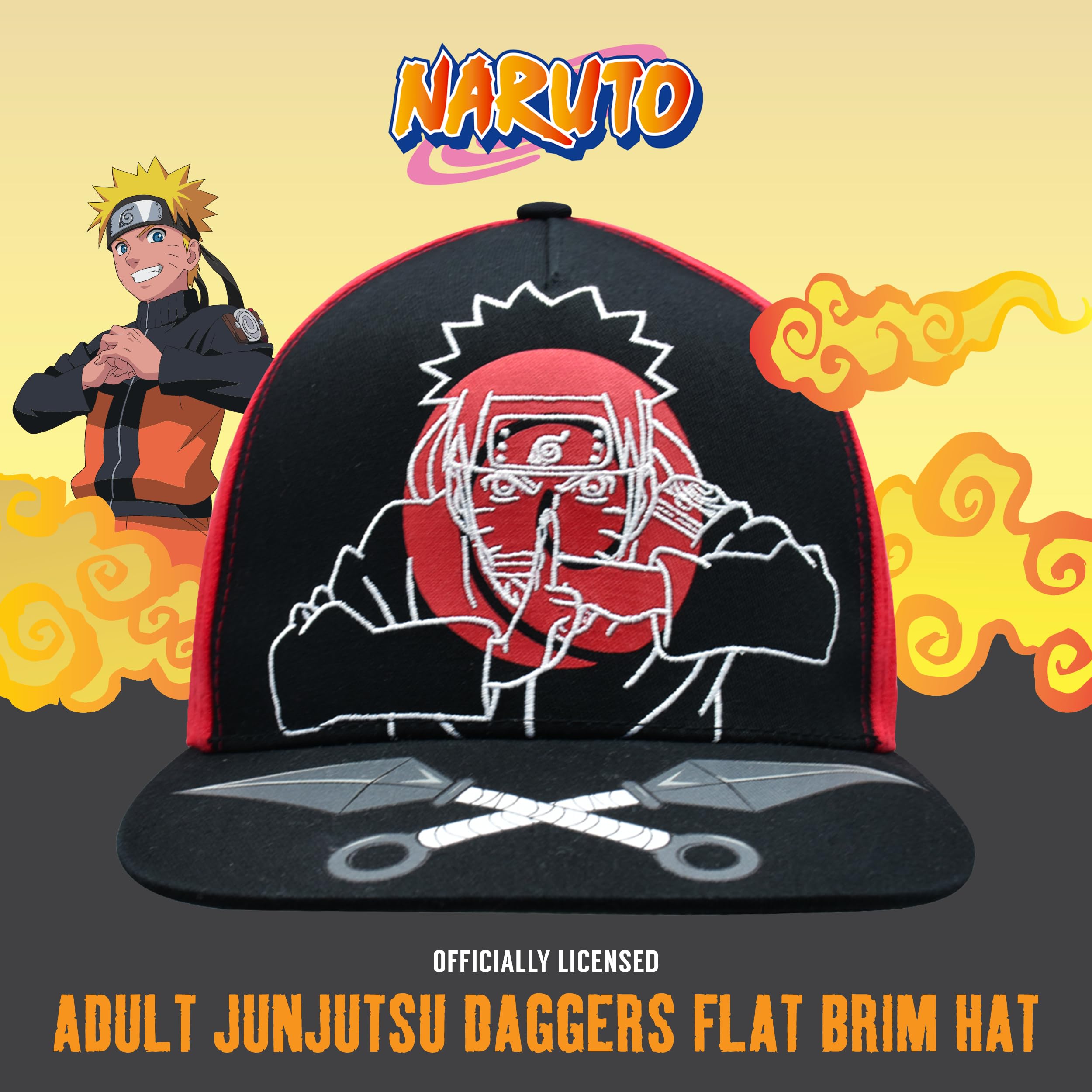 Naruto Baseball Hat, Jutsu Daggers Design Adult Snapback Cap with Flat Brim, Red/Black, One Size