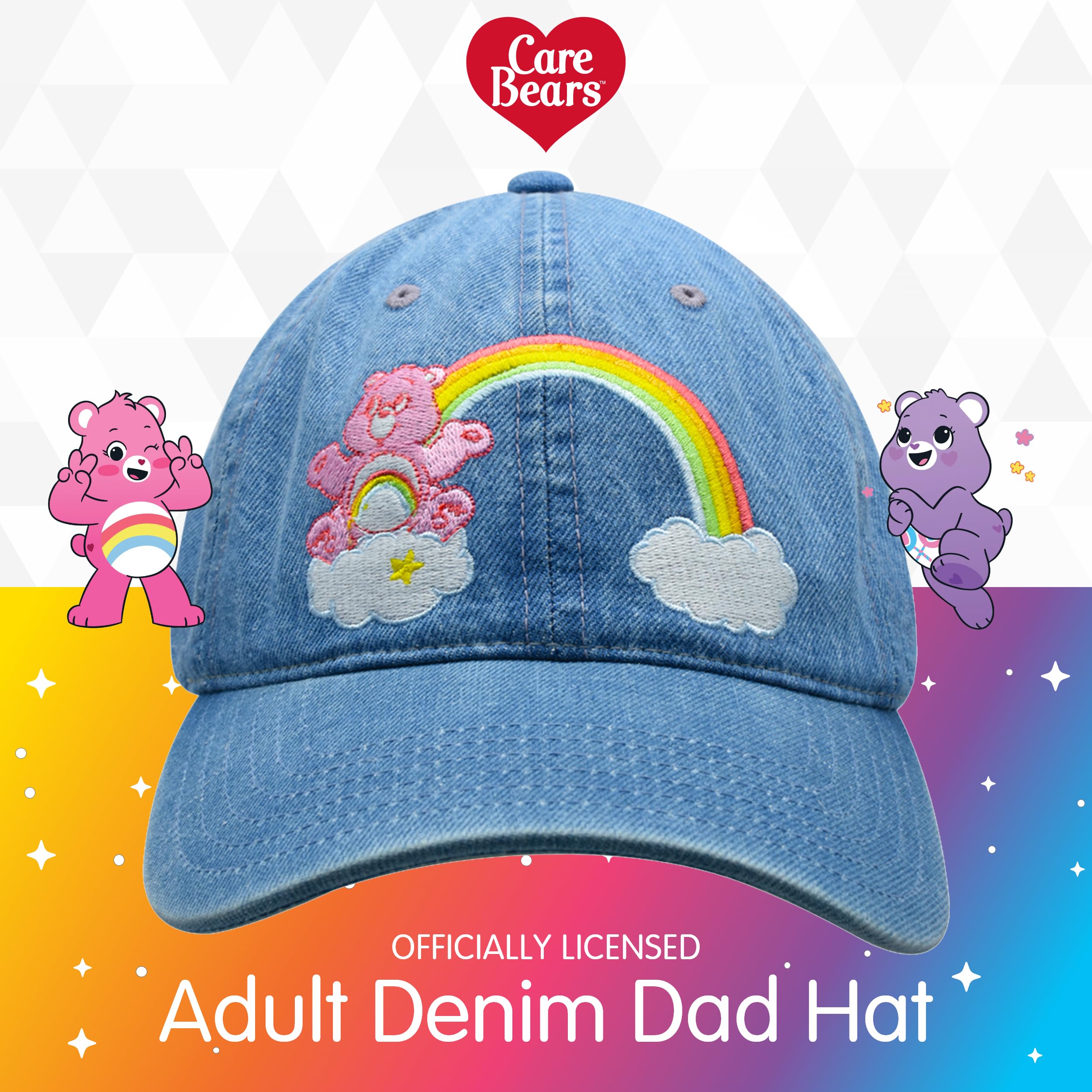 Care Bears Dad Hat, Cheer Bear Rainbow Design Baseball Cap with Curved Brim, Denim, One Size