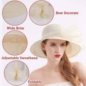 Bellady Women Organza Hat Derby Fascinator, Lady Tea Party Wedding Bridal Hat, UV Protection Wide Brim Sun Hats, Beige