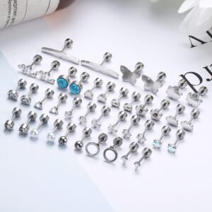 Ubjuliwa 20 Pairs 20G Surgical Steel Stud Earrings Set for Women Men Hypoallergenic Flatback Earrings Piercing Jewelry Star Moon flower Heart Leaf Opal Cartilage Earrings