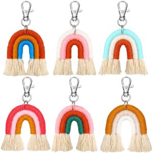 landhoow 6 pcs boho rainbow keychains bulk women macrame rainbow key chains mini tassel keychains car keyrings holder(pastel color)