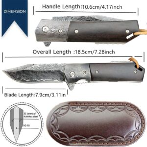 Sitivien ST234 Damascus Steel Folding Knife,Handmade VG10 Core Blade and Ebony Wood Liner Lock Handle,EDC Tool Knife for Men Outdoor Camping Damascus knife EDC Hunting Folding Knife … …