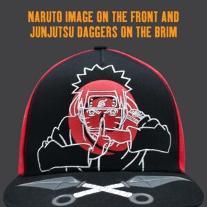 Naruto Baseball Hat, Jutsu Daggers Design Adult Snapback Cap with Flat Brim, Red/Black, One Size