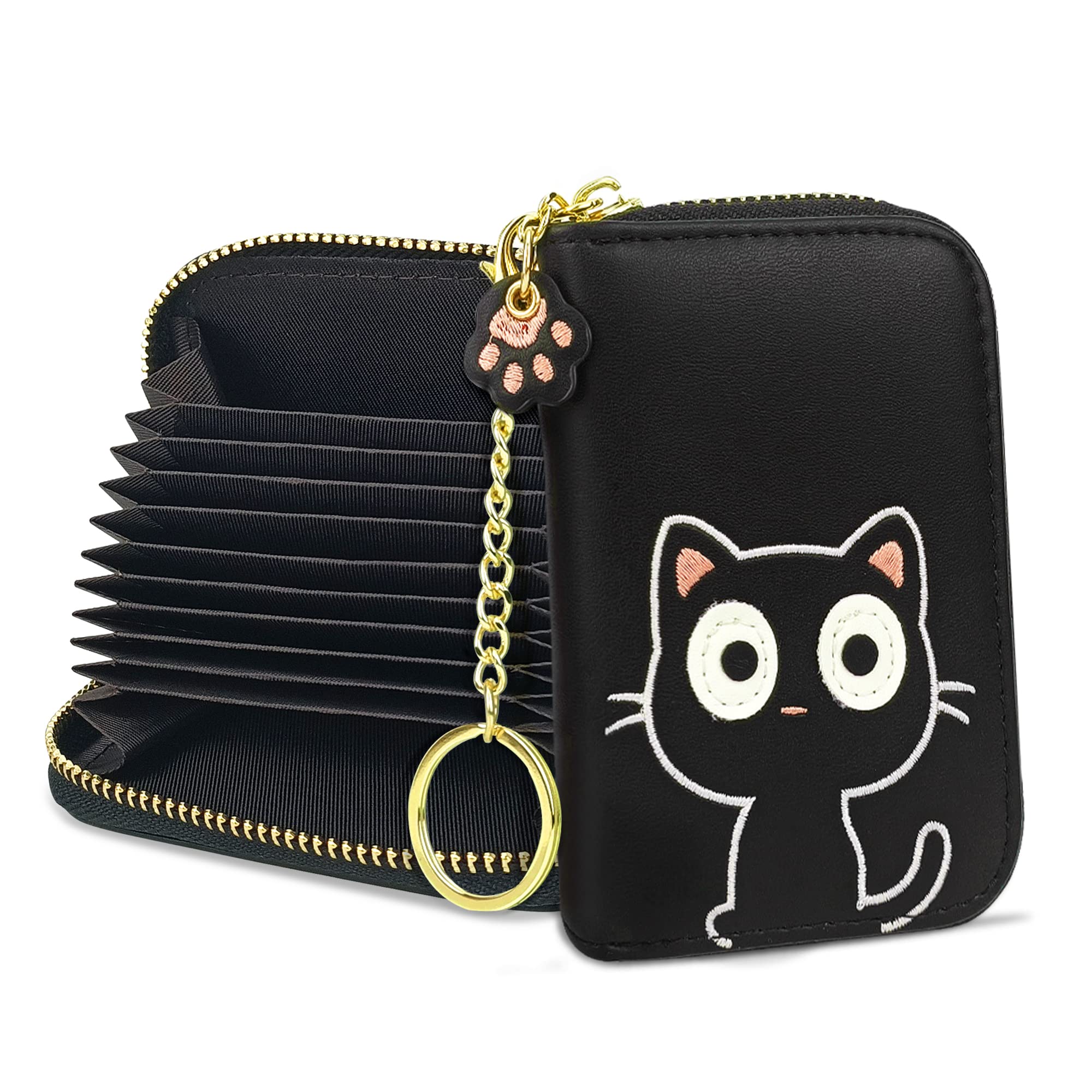 CONISY Cute Card Holder for Women, RFID Leather Small Credit Card Holder Wallet with Removable Keychain Wristlet (black cat)