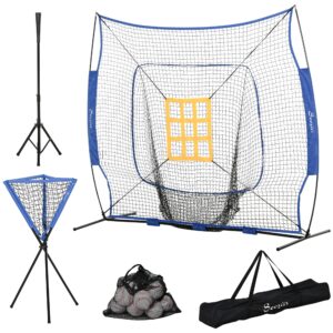 soozier baseball practice net set with 7.5x7ft catcher net, ball caddy and batting tee, portable baseball practice equipment with carry bag for hitting, pitching, batting, catching, blue