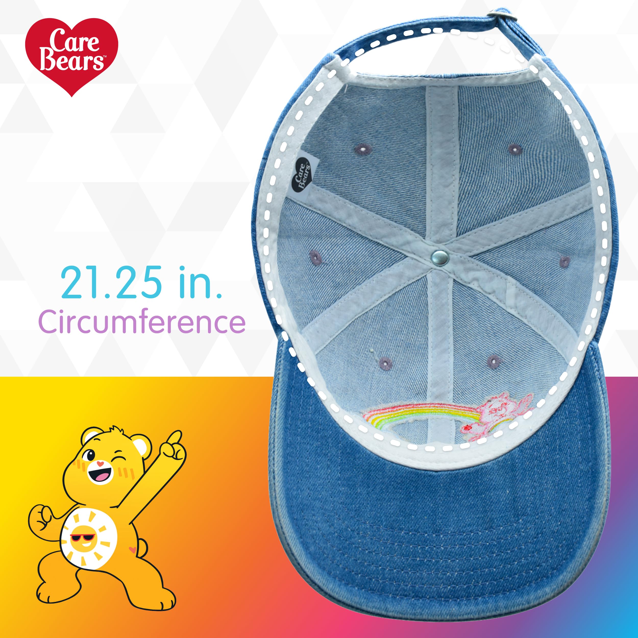 Care Bears Dad Hat, Cheer Bear Rainbow Design Baseball Cap with Curved Brim, Denim, One Size