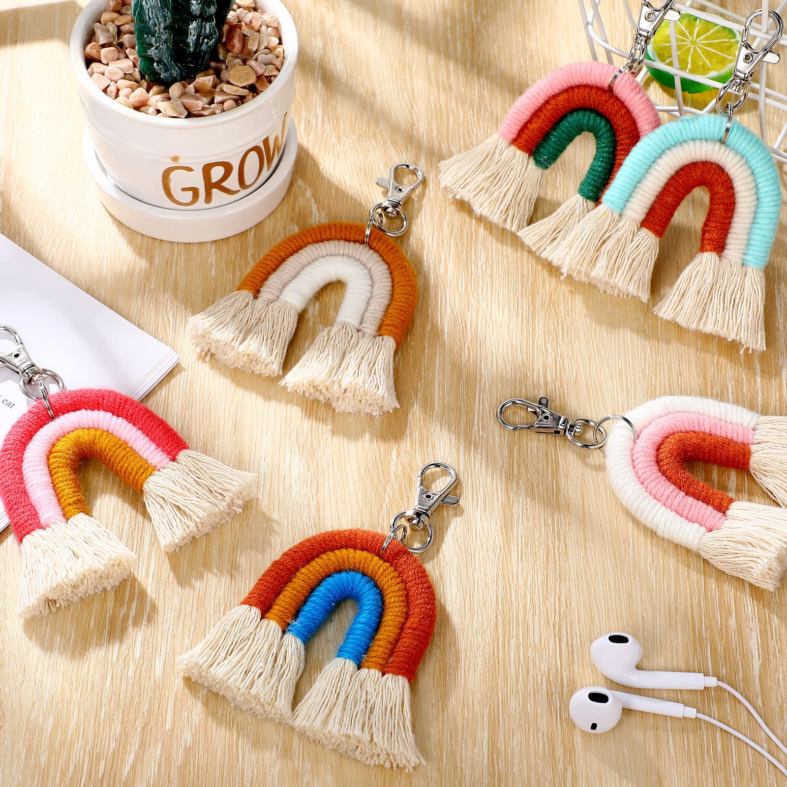 Landhoow 6 Pcs Boho Rainbow Keychains Bulk Women Macrame Rainbow Key Chains Mini Tassel Keychains Car Keyrings Holder(Pastel Color)