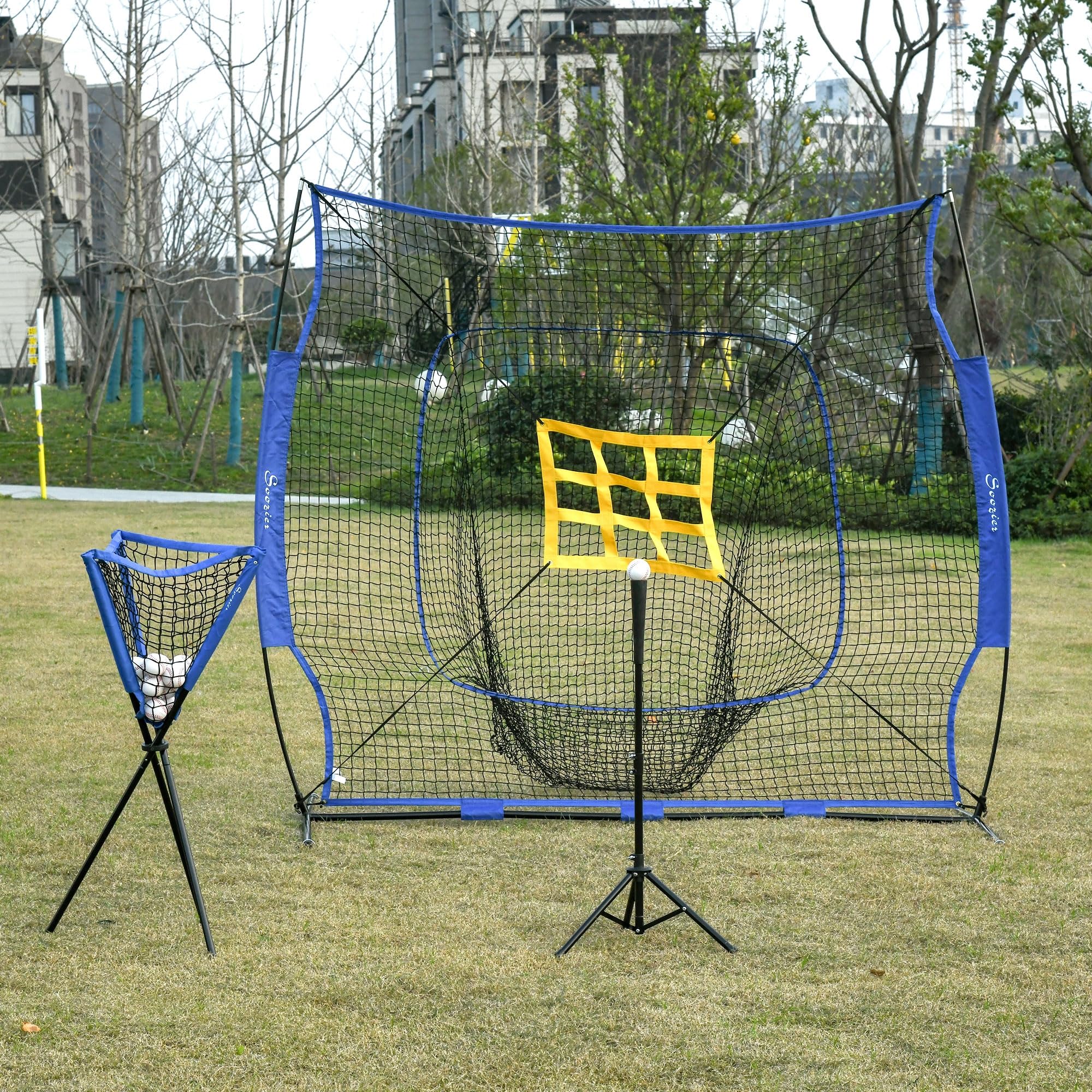 Soozier Baseball Practice Net Set with 7.5x7ft Catcher Net, Ball Caddy and Batting Tee, Portable Baseball Practice Equipment with Carry Bag for Hitting, Pitching, Batting, Catching, Blue