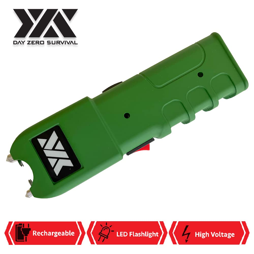 Day Zero Survival Green Self Defense Personal Security Stun Gun Heavy Duty 100 Billion Volt Rechargeable with LED Flashlight