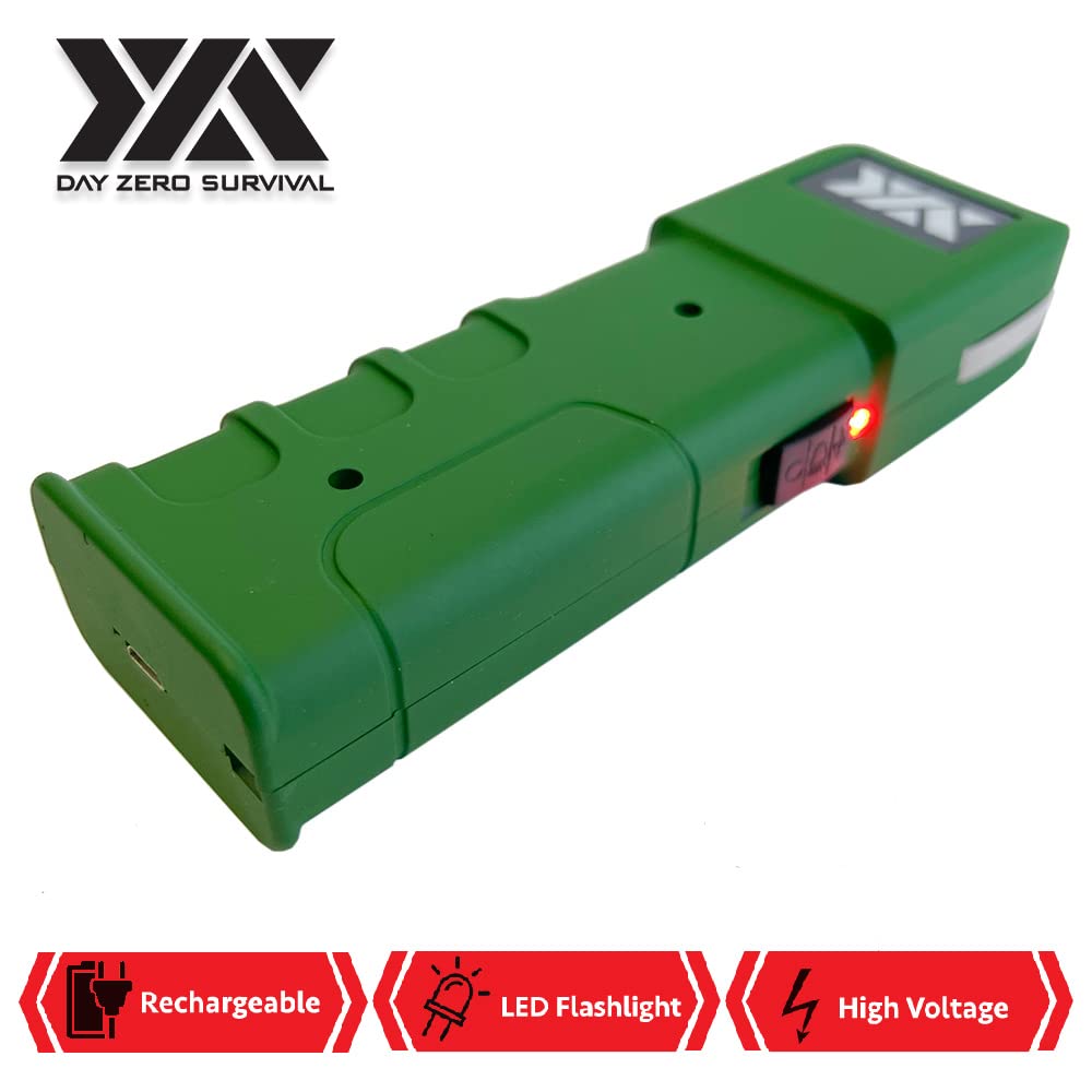 Day Zero Survival Green Self Defense Personal Security Stun Gun Heavy Duty 100 Billion Volt Rechargeable with LED Flashlight