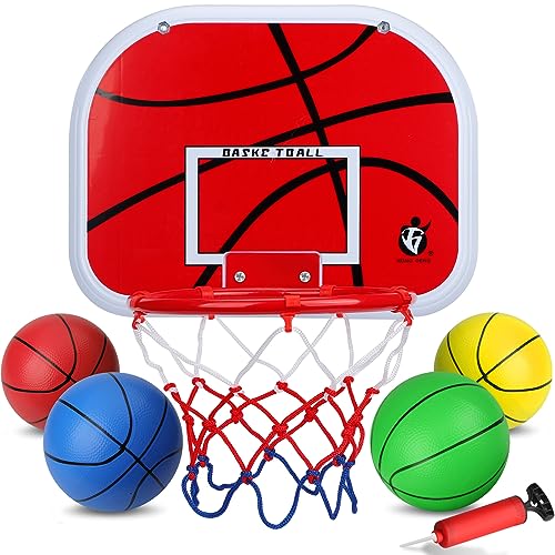 Mini Indoor Basketball Hoop Set for Kids, Wall Mount Basketball Hoop Over Door with 4 Small Replacement Basketballs, ABS Backboard Metal Rim Goal Sport Party Activity Toys for Office Room Pool