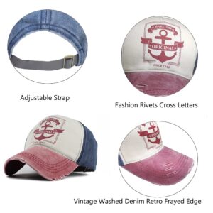 LONGTEN Vintage Baseball Cap Fashion Anchor Pattern Denim Cotton Frayed Edge Sunhat Adjustable Unisex C