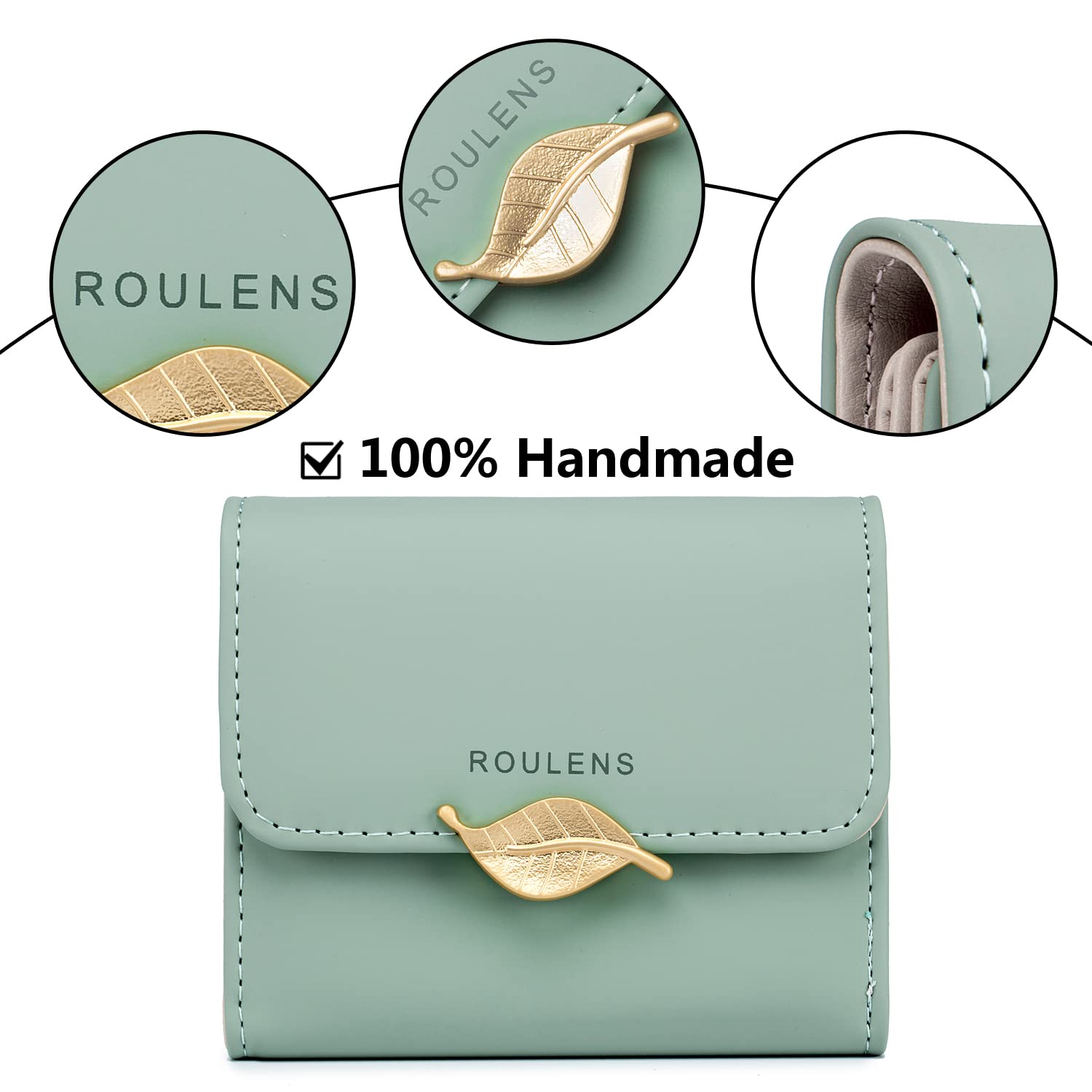 Roulens Small Wallet for Women RFID Blocking PU Leather Leaf Pendant Card Holder Organizer Zipper Coin Purse