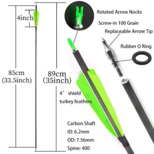 SHARROW 33 inch Carbon Arrow Hunting Arrows 400 Spine with 100 Grain Removable Tips for Archery Compound & Recurve & Traditional Bow Hunting Practice Shooting 6/12pcs (12pcs, Green)