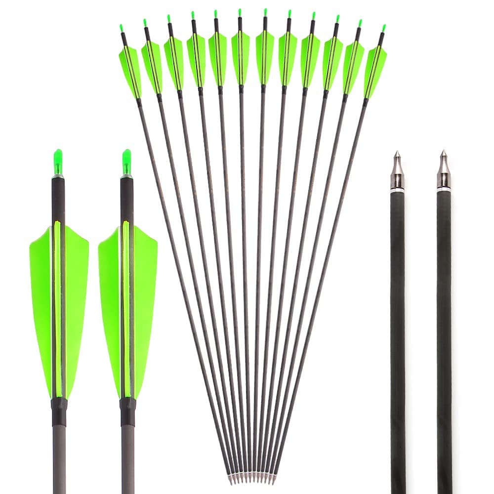 SHARROW 33 inch Carbon Arrow Hunting Arrows 400 Spine with 100 Grain Removable Tips for Archery Compound & Recurve & Traditional Bow Hunting Practice Shooting 6/12pcs (12pcs, Green)