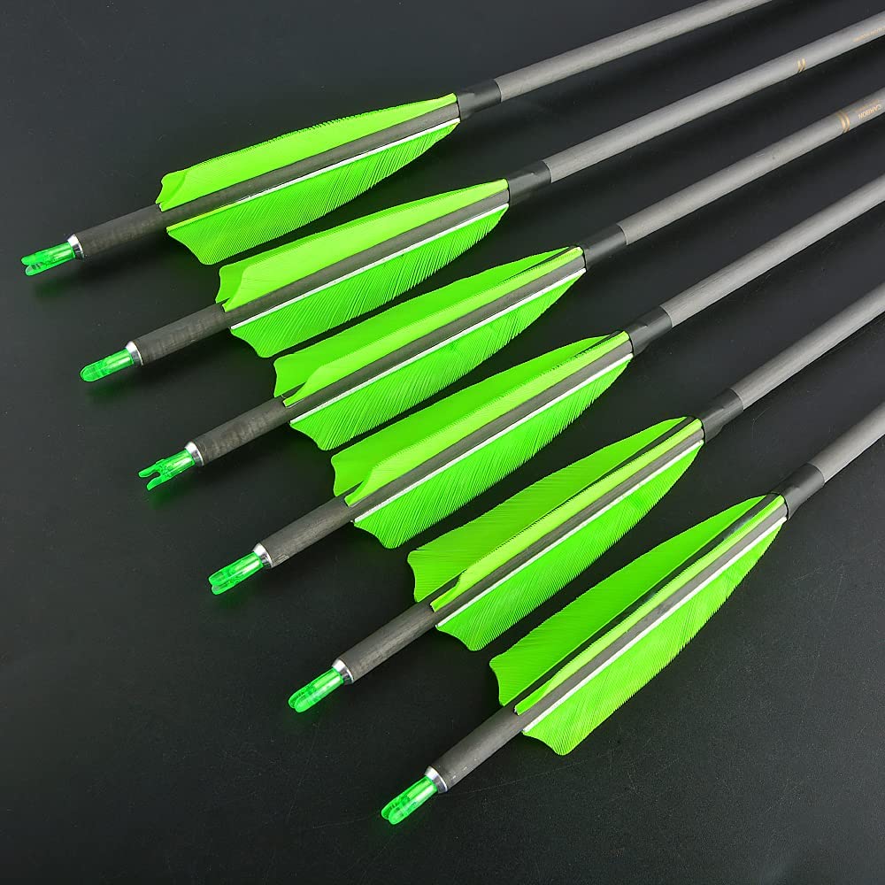 SHARROW 33 inch Carbon Arrow Hunting Arrows 400 Spine with 100 Grain Removable Tips for Archery Compound & Recurve & Traditional Bow Hunting Practice Shooting 6/12pcs (12pcs, Green)