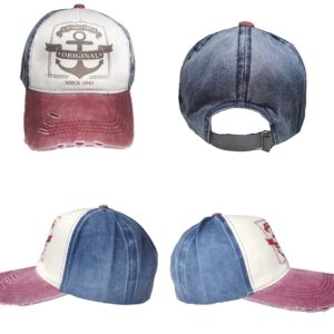 LONGTEN Vintage Baseball Cap Fashion Anchor Pattern Denim Cotton Frayed Edge Sunhat Adjustable Unisex C