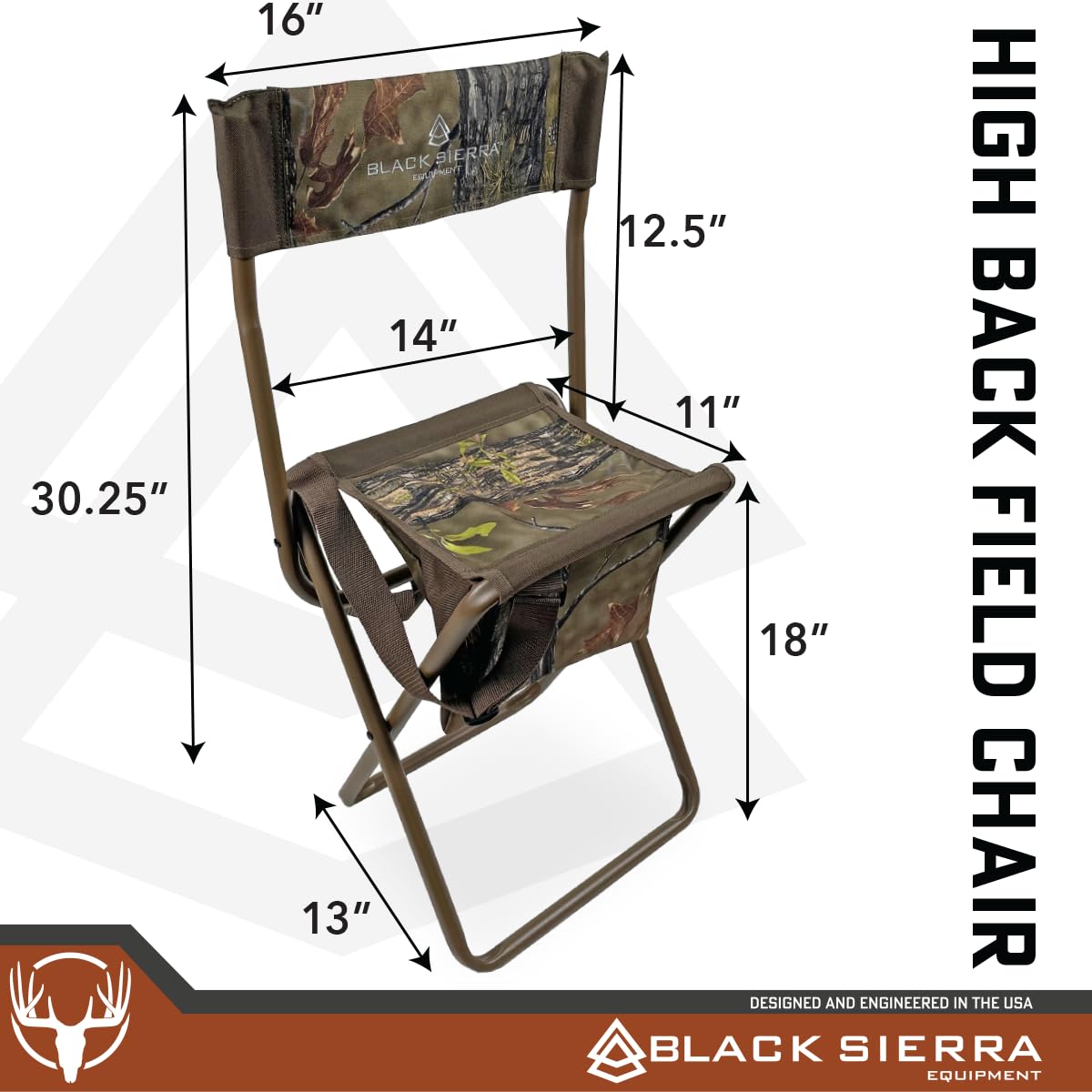 Black Sierra Folding Hunting Stool w/Under Seat Storage Pouch and Carry Strap, Lightweight Portable Hunt Chair w/Backrest, Heavy-Duty Steel Frame Supports 250 LBS, for Hunting, Fishing