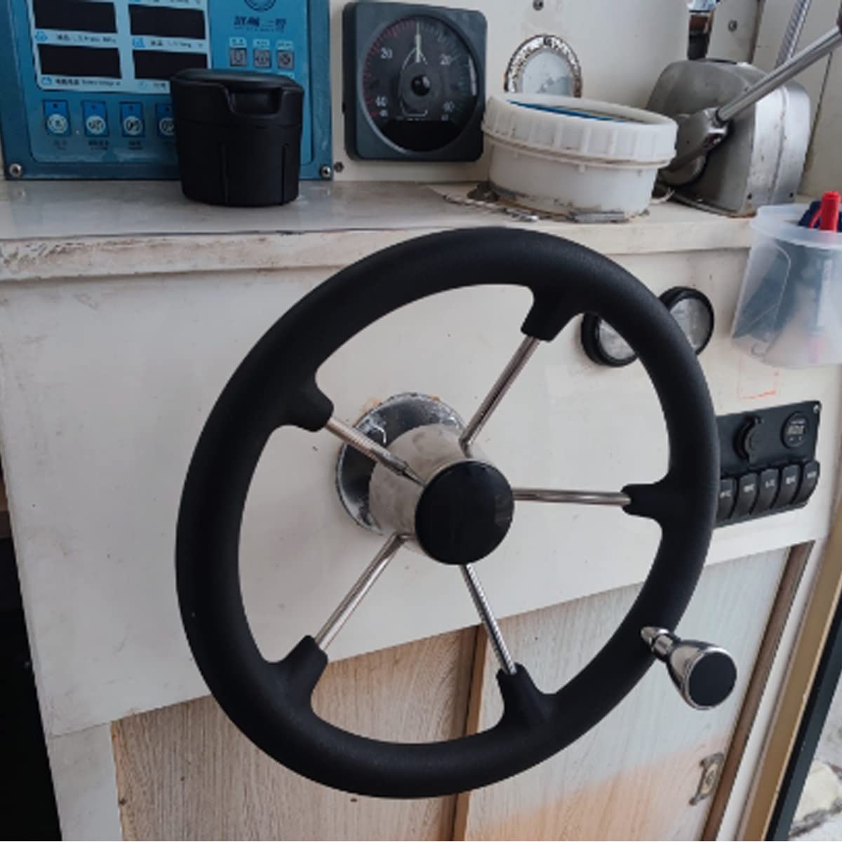 CREDSTAR Stainless Steel Destroyer Steering Wheel,With 5 Spoke Boat Marine Black PU Foam 13-1/2 Inch