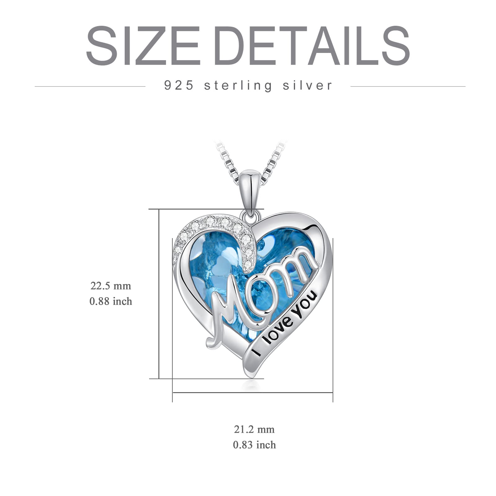 TOUPOP Mom Necklace for Women with Crystal March Birthstone s925 Sterling Silver I Love You Forever Heart Pendant Necklace Birthday Jewelry Gifts for Mama Mother Grandma