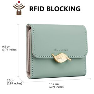 Roulens Small Wallet for Women RFID Blocking PU Leather Leaf Pendant Card Holder Organizer Zipper Coin Purse