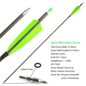 SHARROW 33 inch Carbon Arrow Hunting Arrows 400 Spine with 100 Grain Removable Tips for Archery Compound & Recurve & Traditional Bow Hunting Practice Shooting 6/12pcs (12pcs, Green)