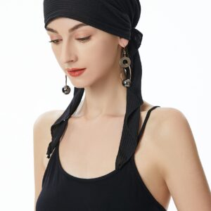 ZLYC Chemo Headwear Pre Tied Head Scarf Headwraps Lightweight Turban Beanie Cap for Women (Solid Black)