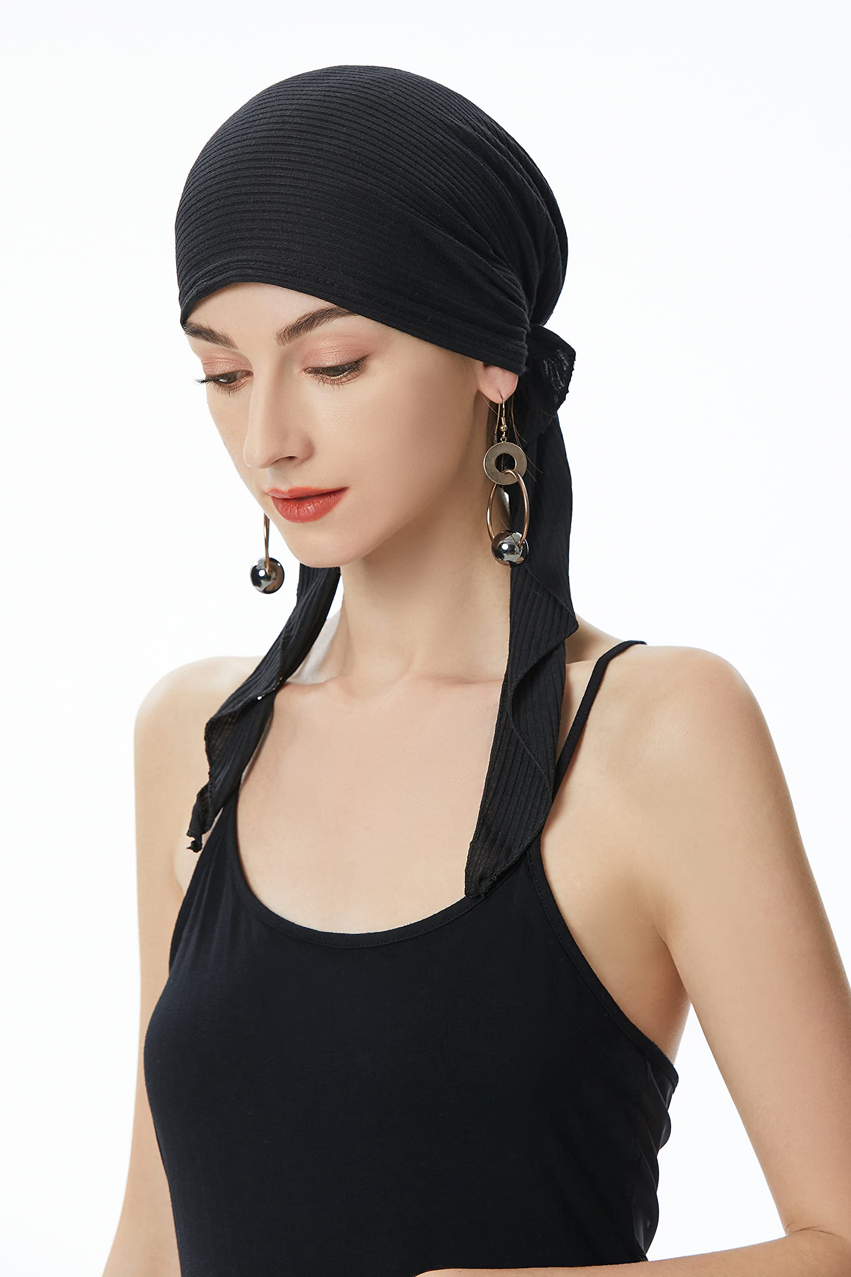 ZLYC Chemo Headwear Pre Tied Head Scarf Headwraps Lightweight Turban Beanie Cap for Women (Solid Black)