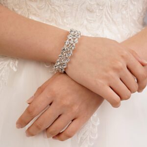 YERTTER Dainty Silver Wedding Layered Strech Crystal Bangle Bracelet Crystal Rhinestone Cuff Warp Bracelet Women Girls Brides Hand Jewelry (Silver-3 Row Crystal)