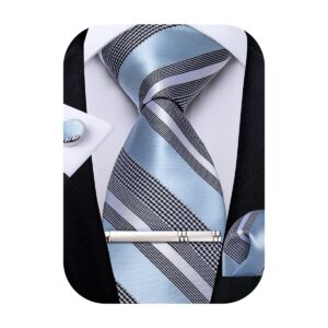 DiBanGu Mens Striped Tie Silk Woven Necktie and Pocket Square Cufflinks Tie Clip Set Wedding Business Formal Gift Tie for Men, Sky Blue and Grey