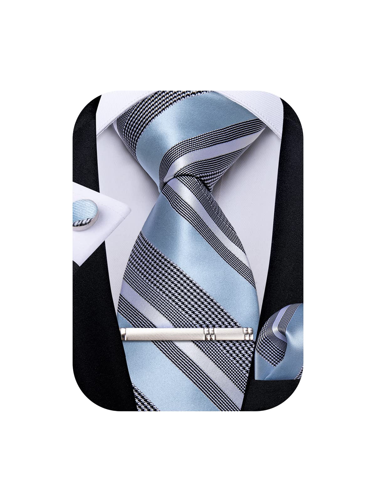 DiBanGu Mens Striped Tie Silk Woven Necktie and Pocket Square Cufflinks Tie Clip Set Wedding Business Formal Gift Tie for Men, Sky Blue and Grey