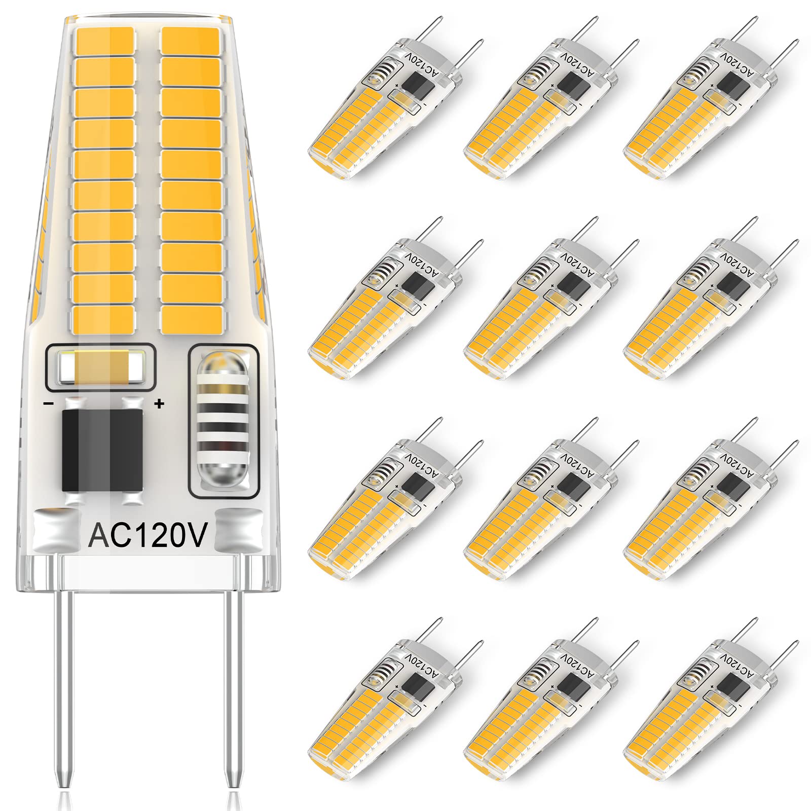 DUMILOO 12-Pack G8 LED Bulb Dimmable, 120V 20W 25W T4 JCD Type Bi-Pin Halogen Replacement for Under Cabinet Puck Lighting, Warm White 3000K