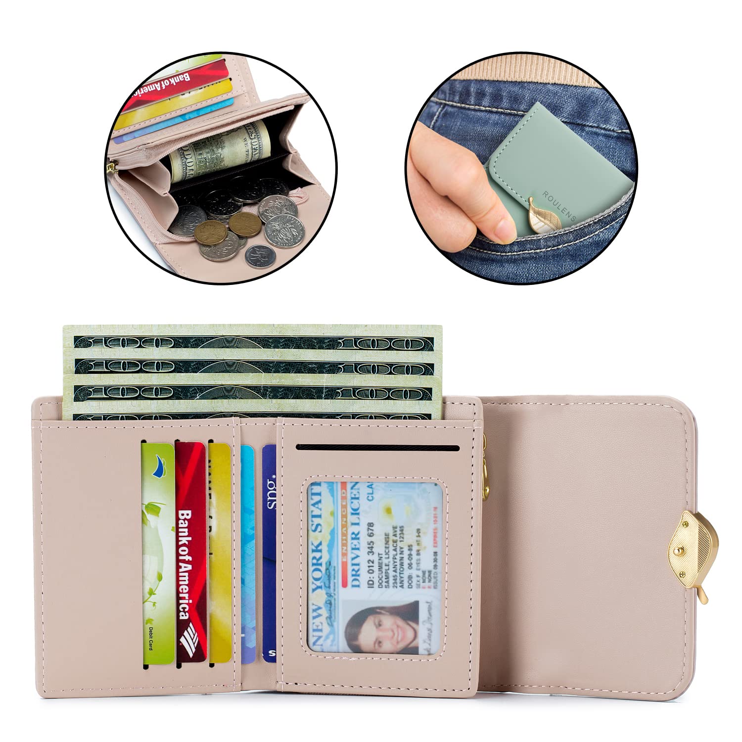 Roulens Small Wallet for Women RFID Blocking PU Leather Leaf Pendant Card Holder Organizer Zipper Coin Purse