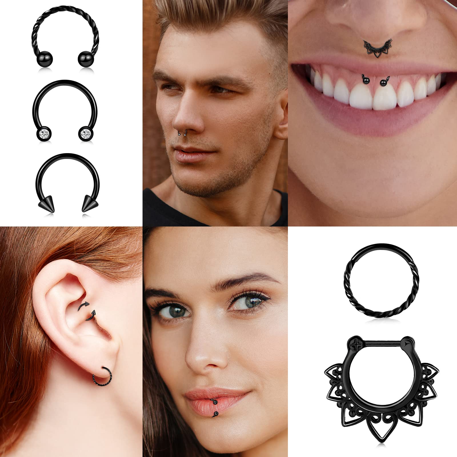 ONESING 16Pcs Black Septum Rings 16G Surgical Steel Septum Jewelry Black Septum Nose Ring Septum Horseshoe Septum Piercing Jewelry Helix Tragus Earring Lip Black Nose Hoop Body Piercing Jewelry