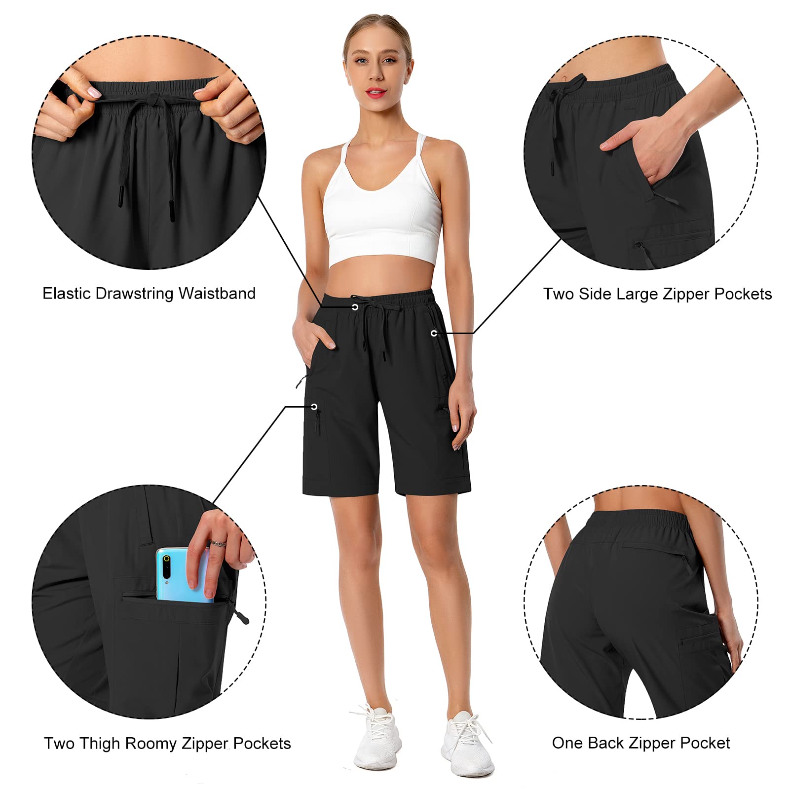 Women's Lightweight Hiking Cargo Shorts Quick Dry Athletic Shorts for Camping Travel Golf with Zipper Pockets Water Resistant Black