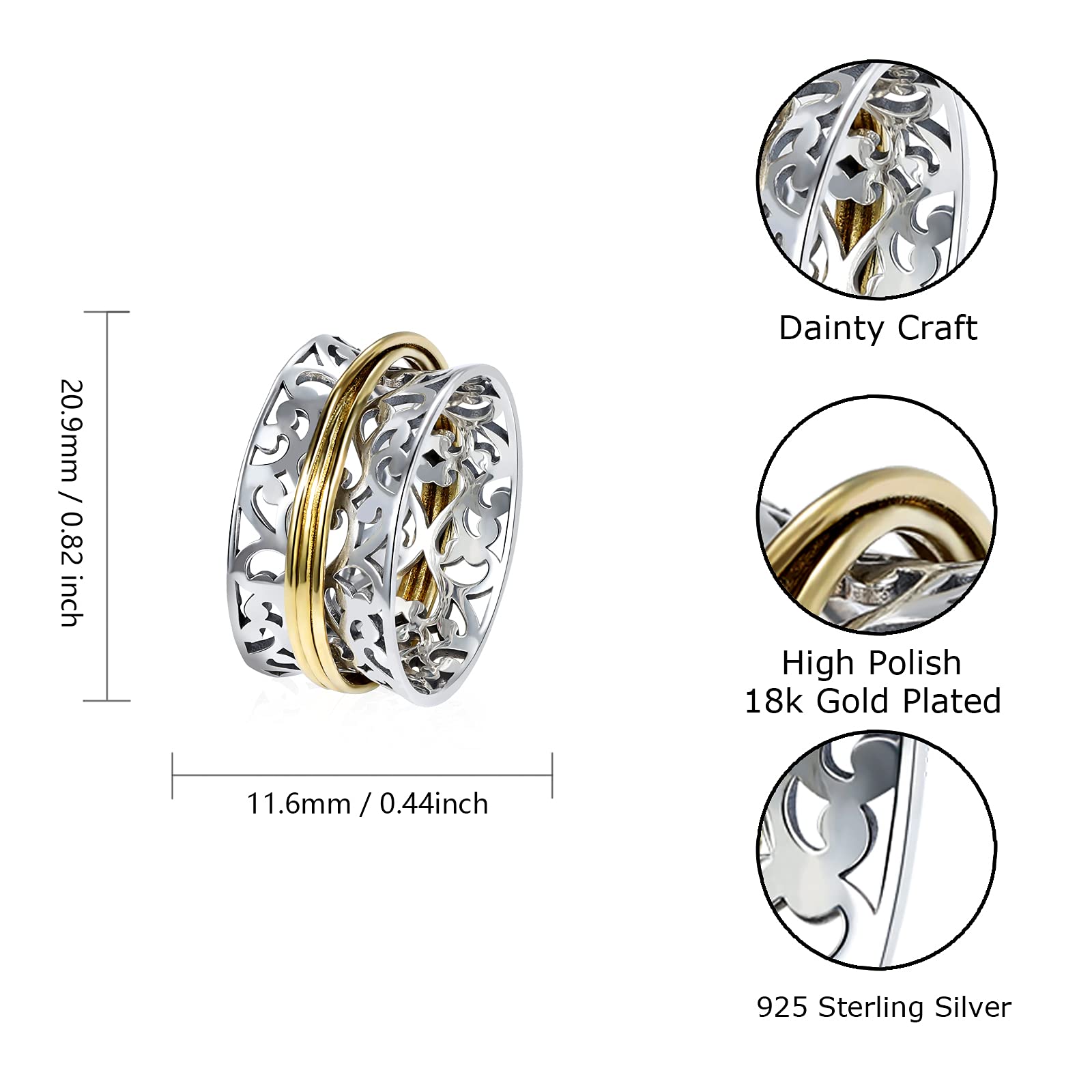 STROLLGIRL Sterling silver Simple spinner ring Fidget band ring spinning meditation anxiety ring (filigree design, 7)