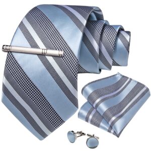 DiBanGu Mens Striped Tie Silk Woven Necktie and Pocket Square Cufflinks Tie Clip Set Wedding Business Formal Gift Tie for Men, Sky Blue and Grey