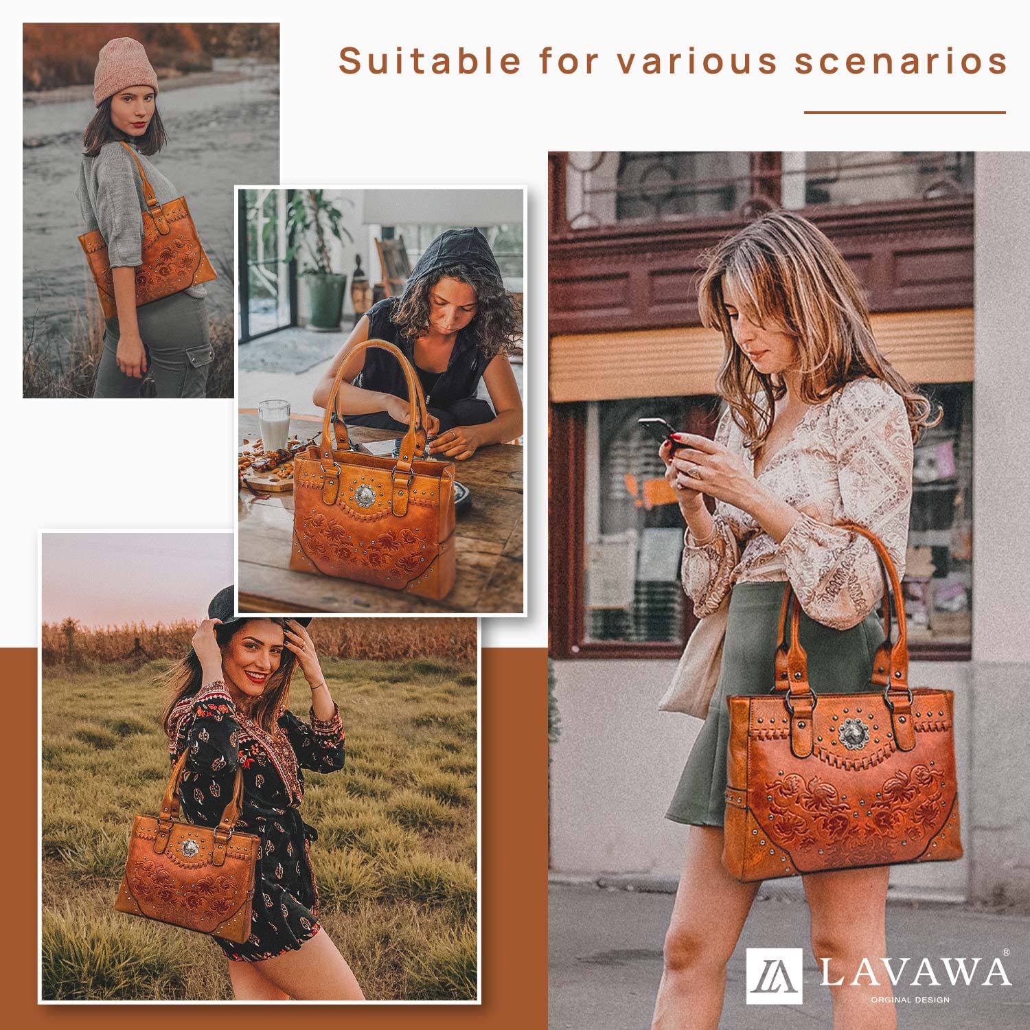 LAVAWA Tote Bag for Women Large Western Purse Ladies Top Handle Shoulder Handbags Vintage Embossed Concho Studs