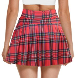 Hount Women Print Golf Skirt Travel Skirts with Pockets Skirt High Waist with Shorts Skirt Red Plaid Large