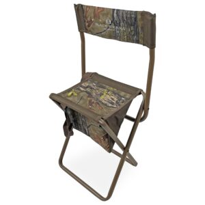 black sierra folding hunting stool w/under seat storage pouch and carry strap, lightweight portable hunt chair w/backrest, heavy-duty steel frame supports 250 lbs, for hunting, fishing