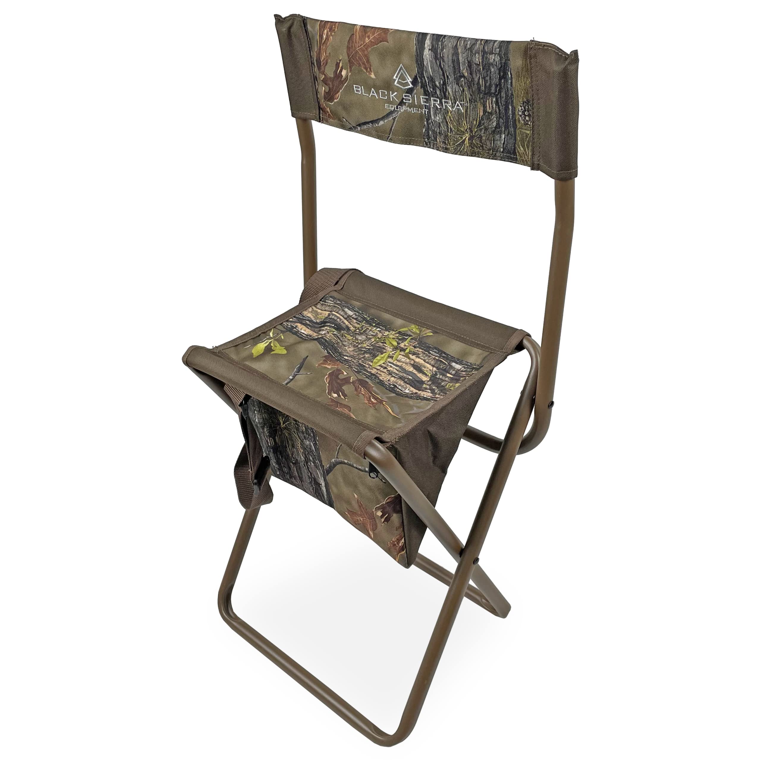 Black Sierra Folding Hunting Stool w/Under Seat Storage Pouch and Carry Strap, Lightweight Portable Hunt Chair w/Backrest, Heavy-Duty Steel Frame Supports 250 LBS, for Hunting, Fishing