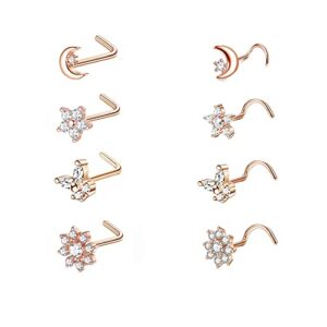 Yachy 8Pcs 20G 316L Stainless Steel Cute L S Shaped Nose Studs CZ Round Butterfly Flower Nose Rings Daisy Snowflake Star Moon Screw Nose Rings Small Body Piercing Jewelry for Women Men, Stainless