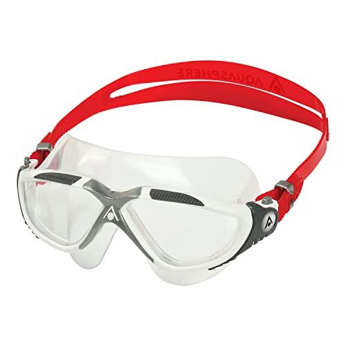 Aqua Sphere Vista Adult Swim Goggles - One-Touch Custom Fit, Wide Peripheral Vision - Durable Mask for Active Open Water Swimmers | Unisex Adult, Clear Lens, White/Red Frame, One Size (MS5050915LC)