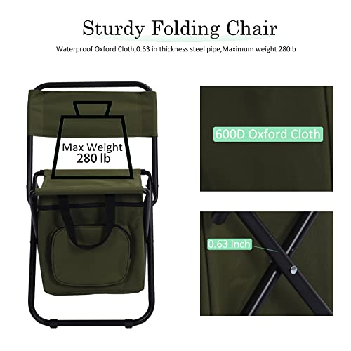 Sequpr Portable Foldable Camping Chair with Cooler Bag, Lightweight Backrest Stool Compact Folding Chair Seat, Outdoor Backrest Stool with Folding Backpack for Camping Hunting Fishing Hiking Green