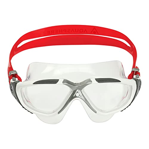 Aqua Sphere Vista Adult Swim Goggles - One-Touch Custom Fit, Wide Peripheral Vision - Durable Mask for Active Open Water Swimmers | Unisex Adult, Clear Lens, White/Red Frame, One Size (MS5050915LC)