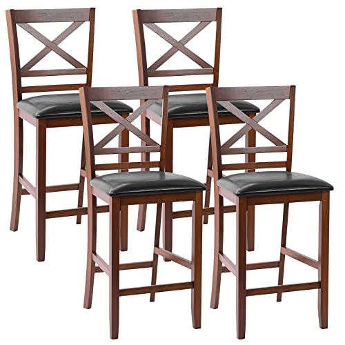 COSTWAY Bar stools Set of 4, Modern 25” Counter Height Dining Pub Stools with X-Shaped Backrest, Soft Cushion & Durable PU Seat, Simplistic Armless Kitchen Chairs for Home, Cafe Store, Restaurant (4)