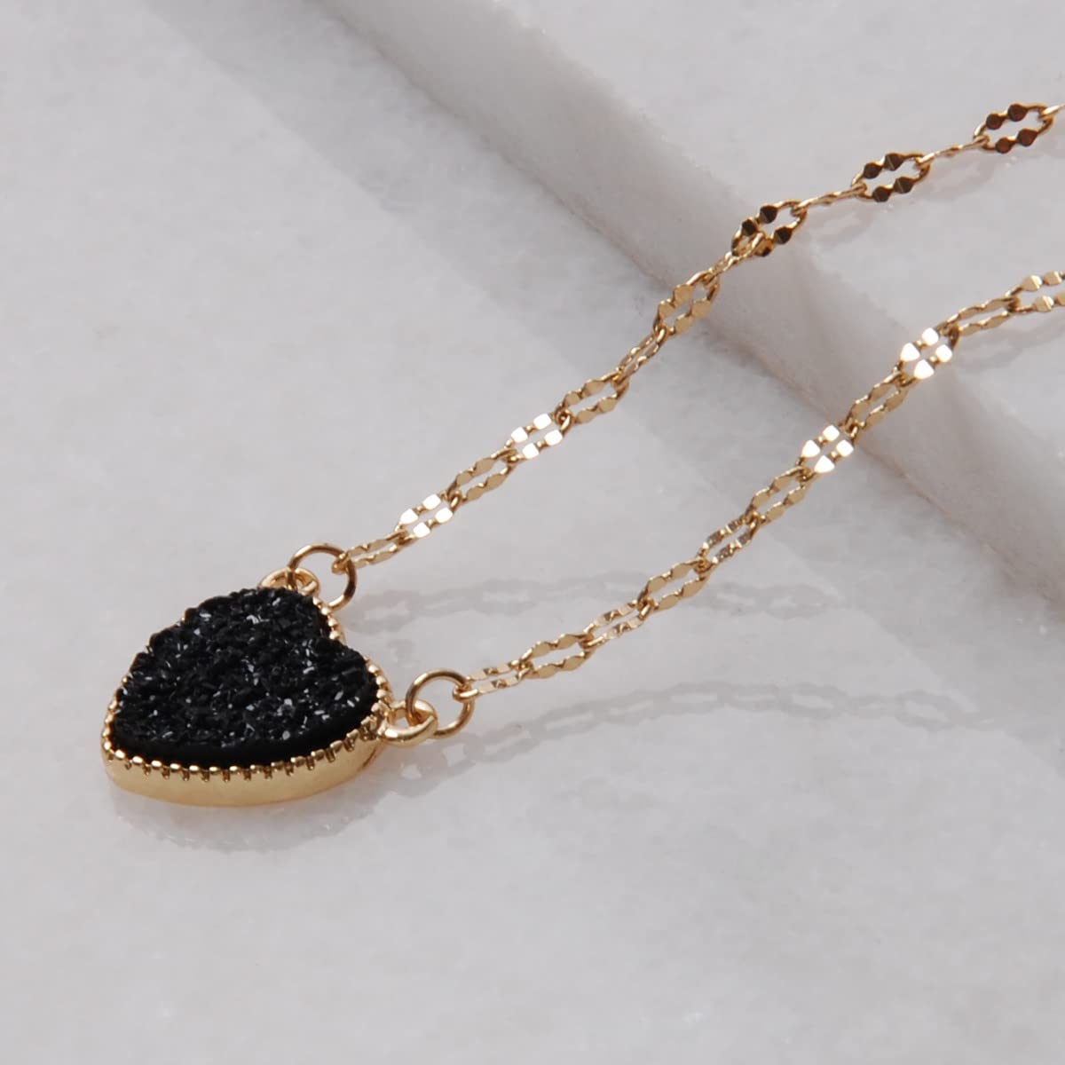 Black Heart Necklaces for Women - Black Necklaces for Women, Black Heart Necklace Gold Tone Simulated Druzy Chain, Black and Gold Necklace, Black Necklace for Women, Black and Gold Necklaces for Women