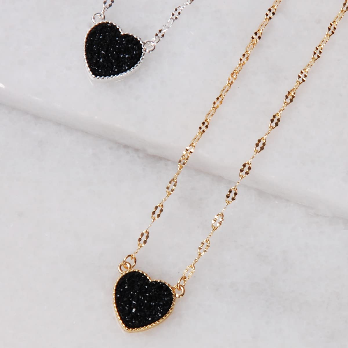 Black Heart Necklaces for Women - Black Necklaces for Women, Black Heart Necklace Gold Tone Simulated Druzy Chain, Black and Gold Necklace, Black Necklace for Women, Black and Gold Necklaces for Women