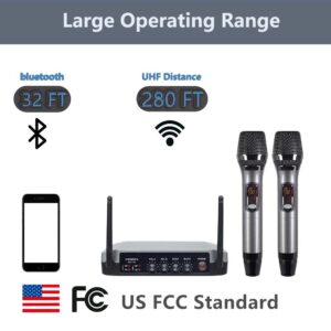 KOMISON UHF Handheld Wireless Karaoke Microphone System with Echo Cordless Mic Box with Receiver Metal for Singing Speech Meeting Church Wedding Home KTV Set, 280FT