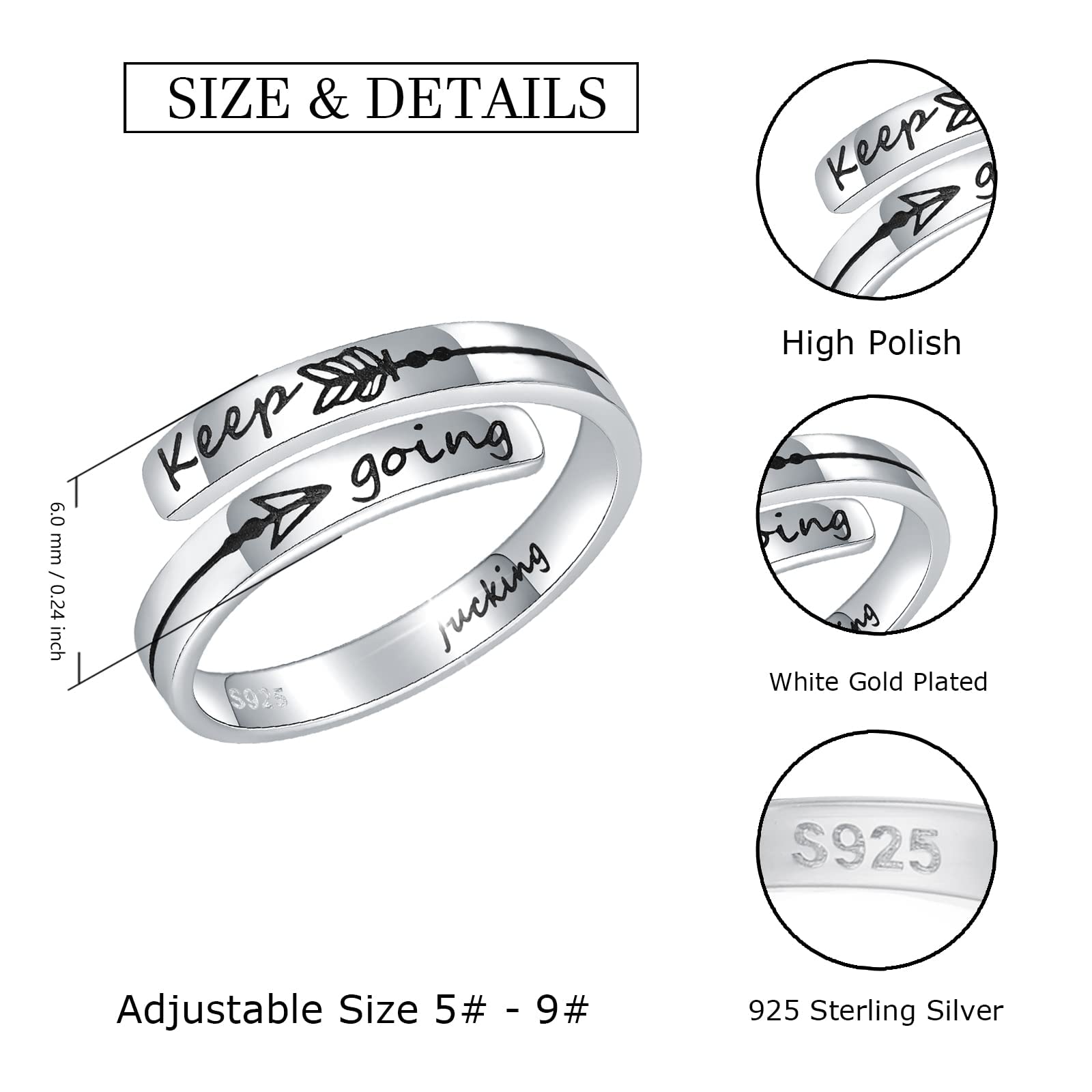 EJALEN 925-Sterling-Silver Inspirational Keep Going Rings - Adjustable Wrap Encouragement Arrow Ring Jewelry Inspirational Gifts for Women Men (White Gold)